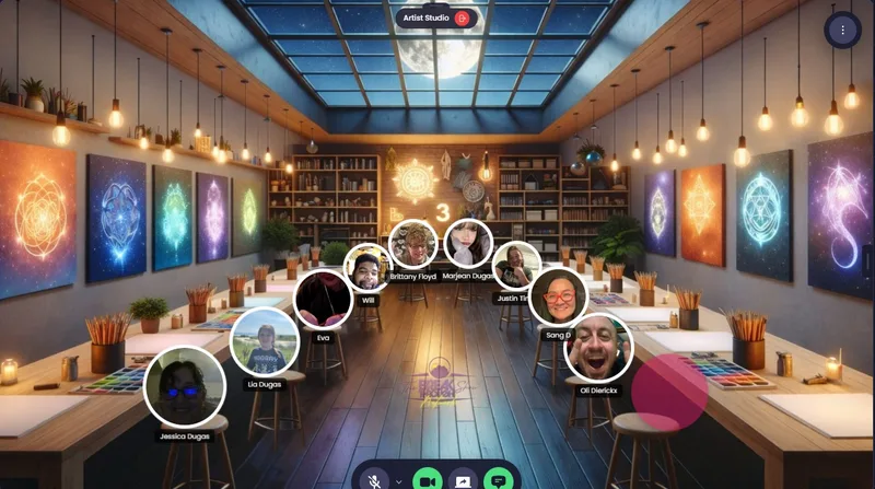 An art gallery space with participants gathered around illuminated artwork displays