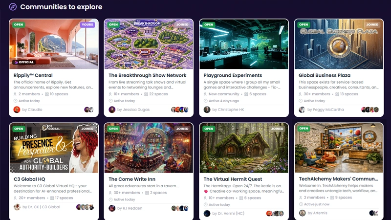 Discovery grid showing eight active Rippily communities with member counts and activity status