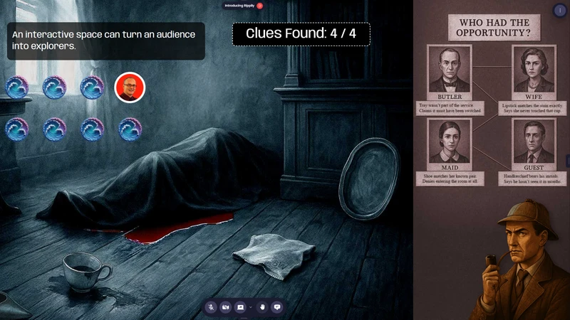 A detective murder mystery room with clue counter