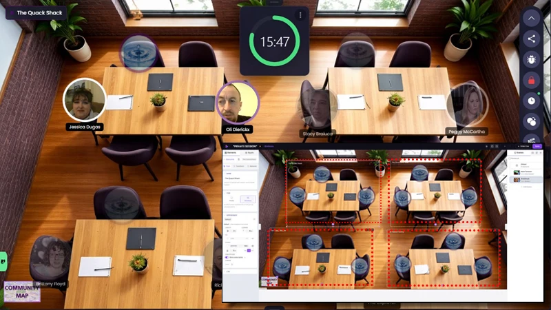 Six distinct breakout rooms visible simultaneously. A multi-room layout with participants visible in each room