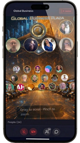 Rippily on a phone showing the Global Business Plaza with 24 participants