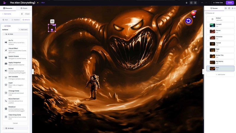 Rippily's visual editor showing a marketplace scene with interactive elements, scenes panel, and component toolbox
